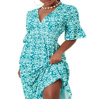 Clearsance Ljetne haljine za žene V-izrez Dužina gležnja LOPE A-line ispisane haljine kratkih rukava